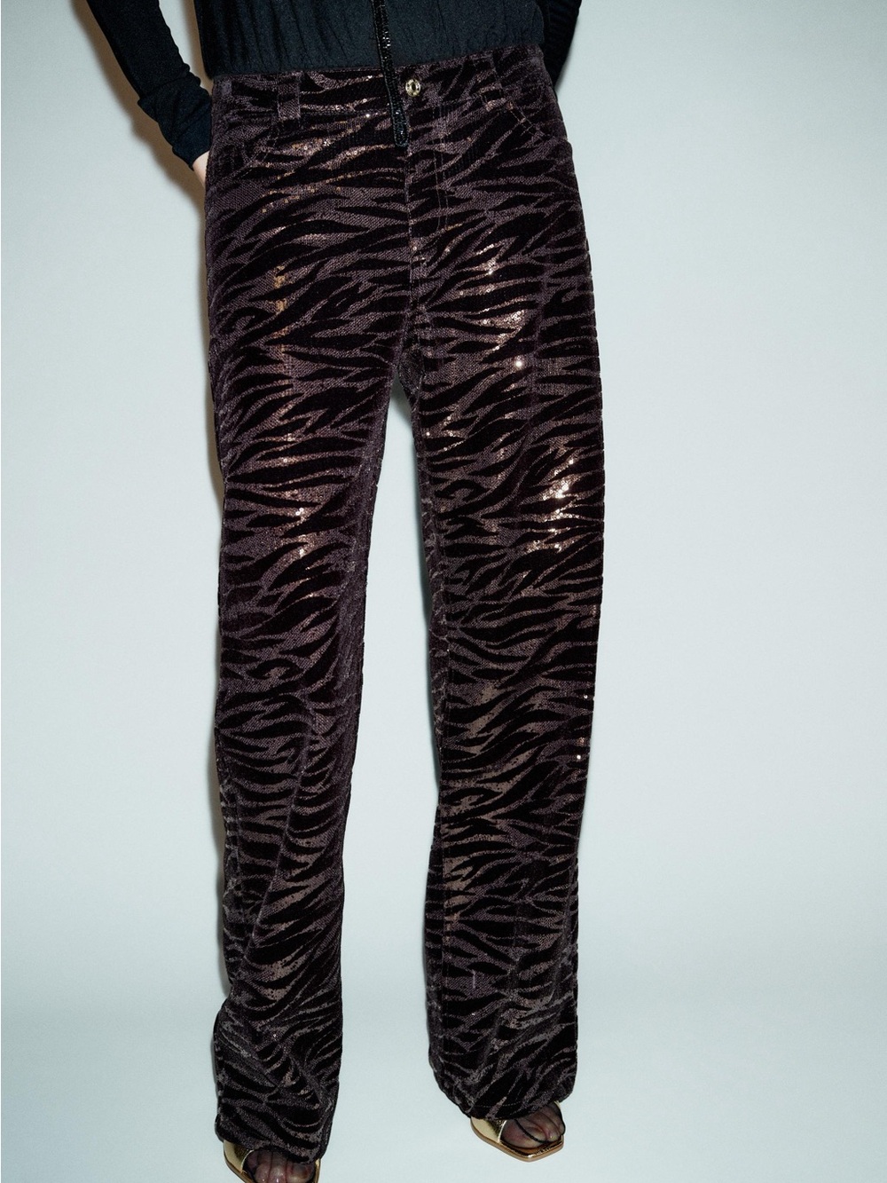 Zara Velvet and Sequin Zebra/Tiger-Print Wide Leg low rise jeans - Black/Brown